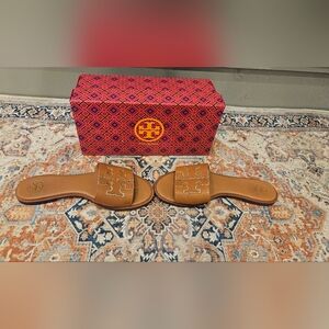 TORY BURCH Ines Slide Sandals in Tan and Spark Gold